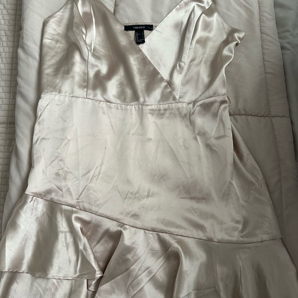 Forever 21 Ivory Satin V-Neck Ruffle Slip Dress
